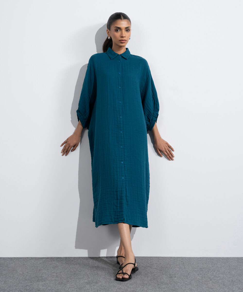 Women's Western Multi Batwing Sleeve Cotton Muslin Dress