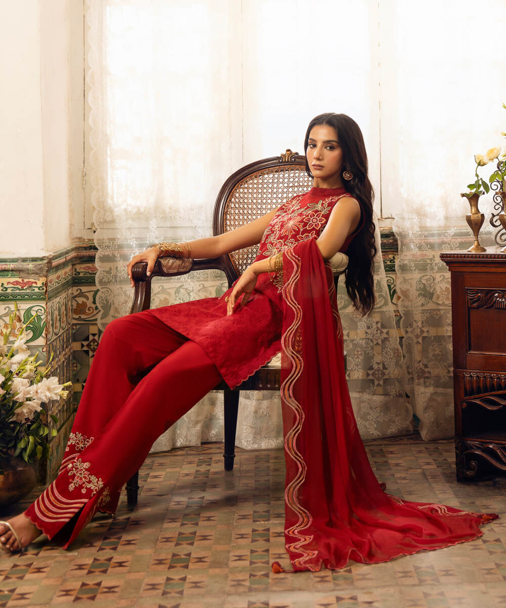 Unstitched Women's Red Cotton Jacquard 3 Piece Suit