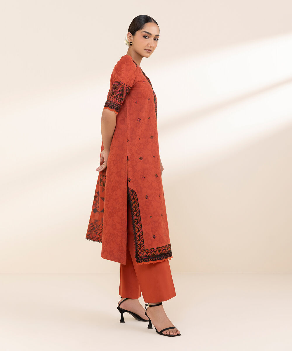 Women's Unstitched Cotton Jacquard Embroidered Red 3 Piece Suit