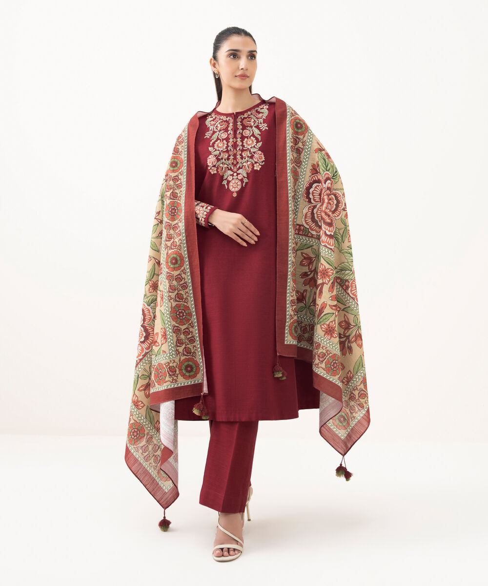 Women's Unstitched Cotton Embroidered Red 3 Piece Suit