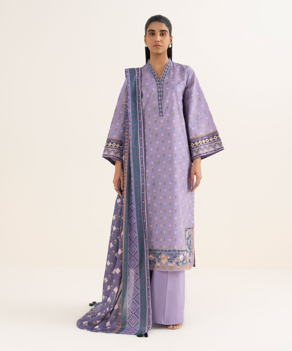 Women's Unstitched Textured Lawn Printed Purple 3 Piece Suit