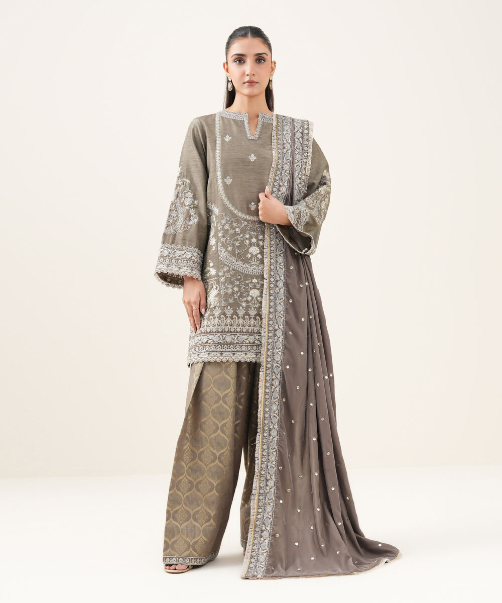 Women's Unstitched Raw Silk Embroidered Grey 3 Piece Suit