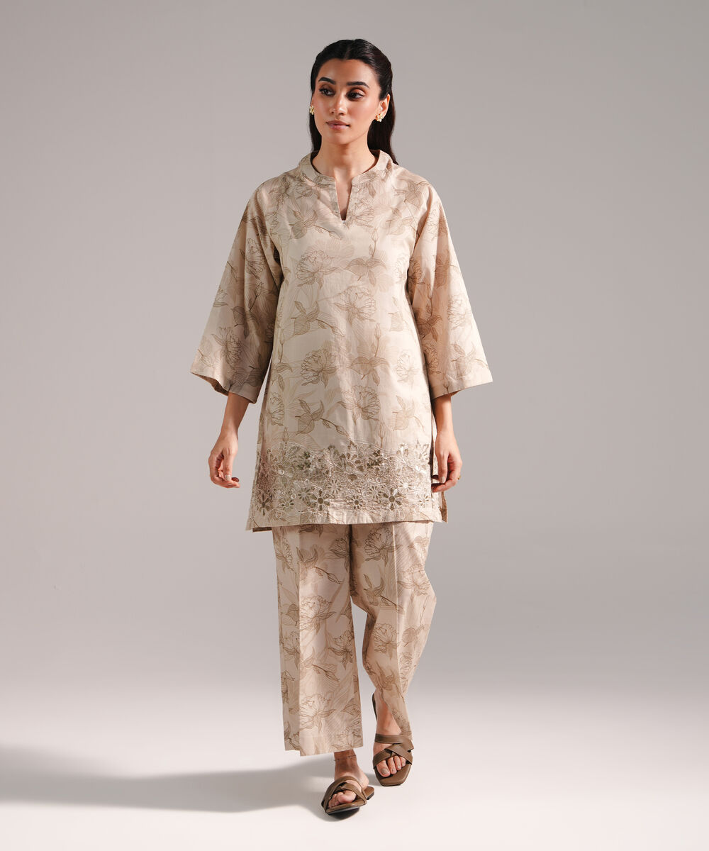 Women's RTW Lawn Embroidered Beige 2 Piece Suit