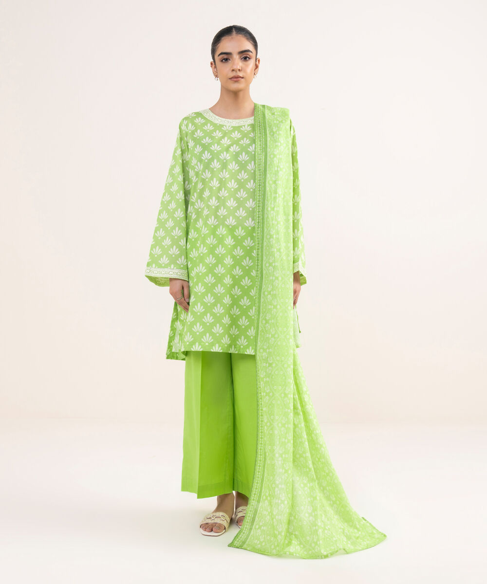 Women's RTW Lawn Green Embroidered Straight Shirt