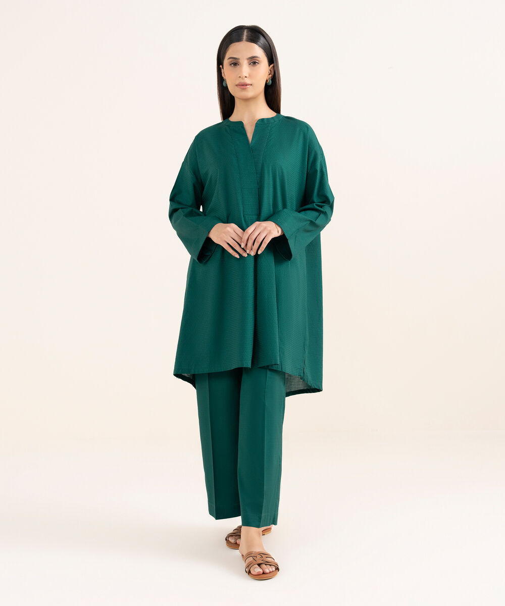 Women's RTW Textured Lawn Green Solid Boxy Shirt