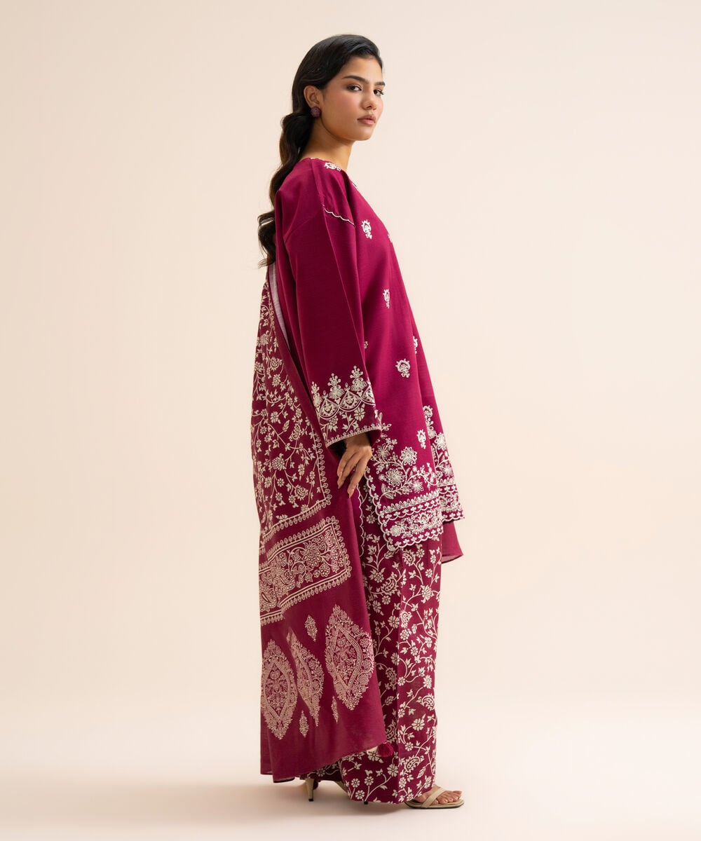 Women's Unstitched Light Khaddar Embroidered Plum 3 Piece Suit