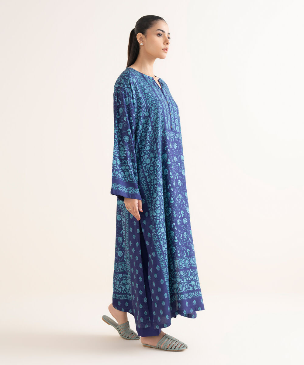 Women's RTW Viscose Linen Blue Printed Drop Shoulder Shirt