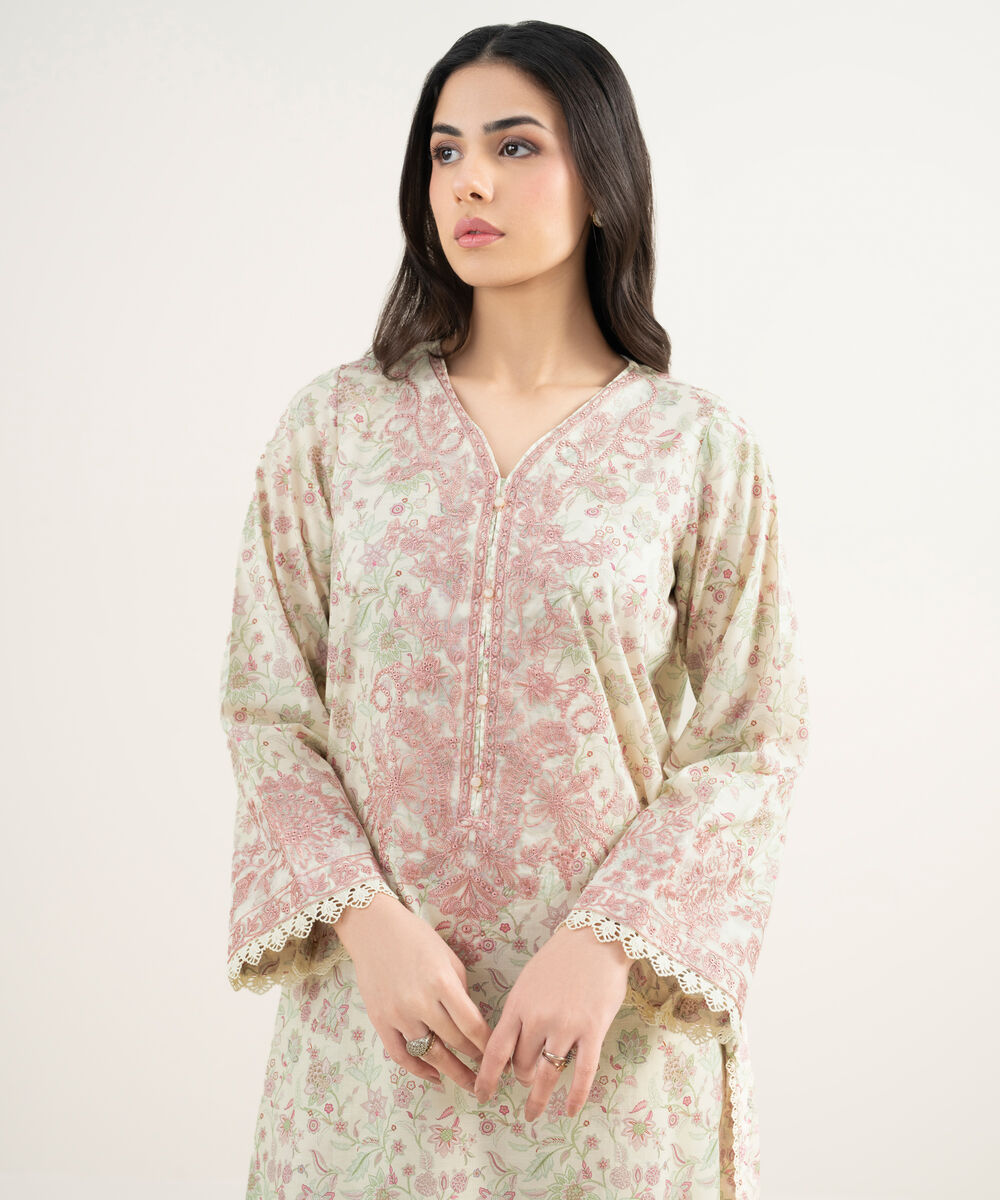 Women's RTW Slub Lawn Embroidered Off White A-Line Shirt