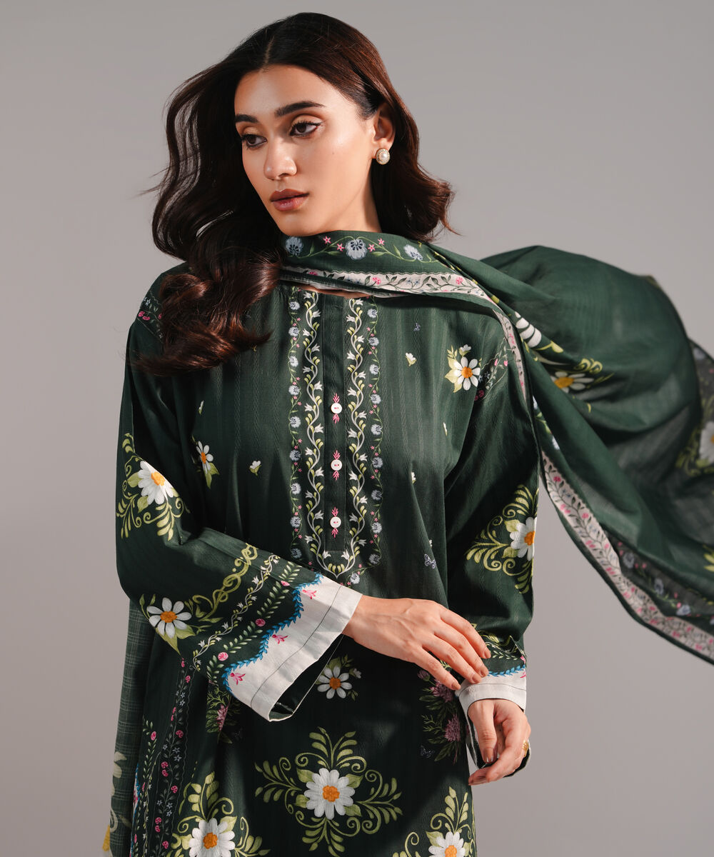 Women's RTW Dobby Printed Dark Green 3 Piece Suit