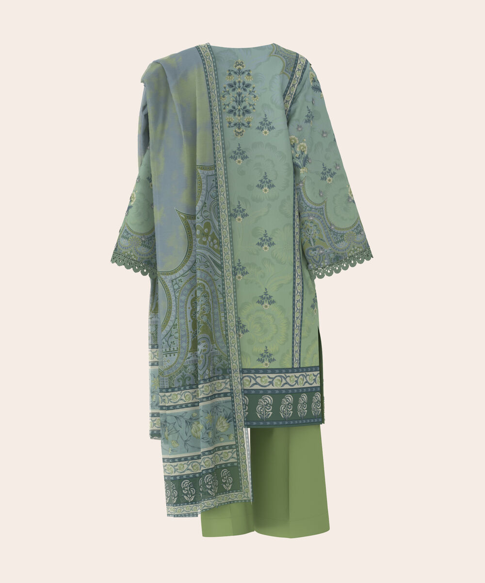 Women's Unstitched Lawn Green and Blue  Embroidered 3 Piece Suit