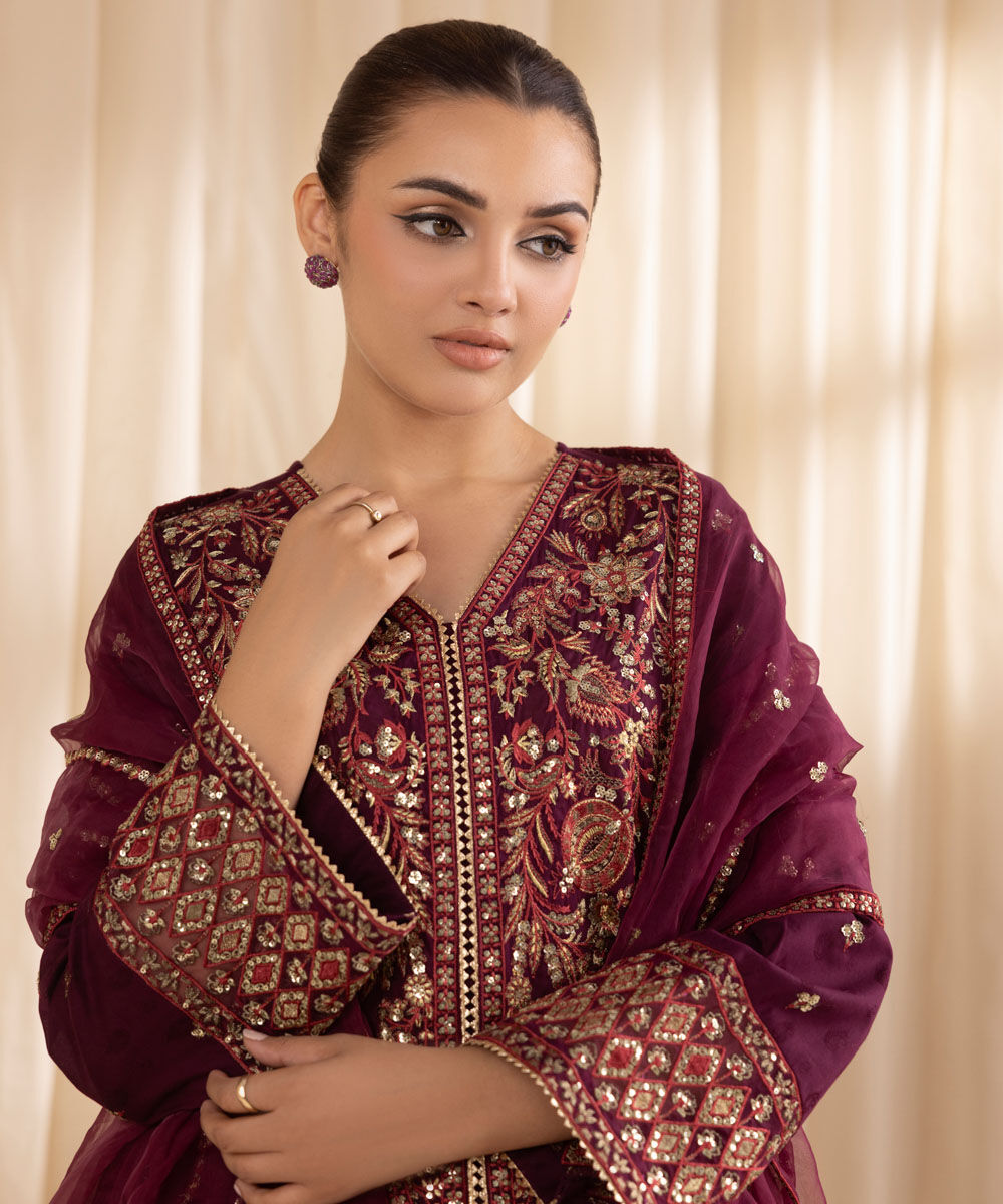 Women's RTW Cotton Jacquard Purple Embroidered Three Piece Suit