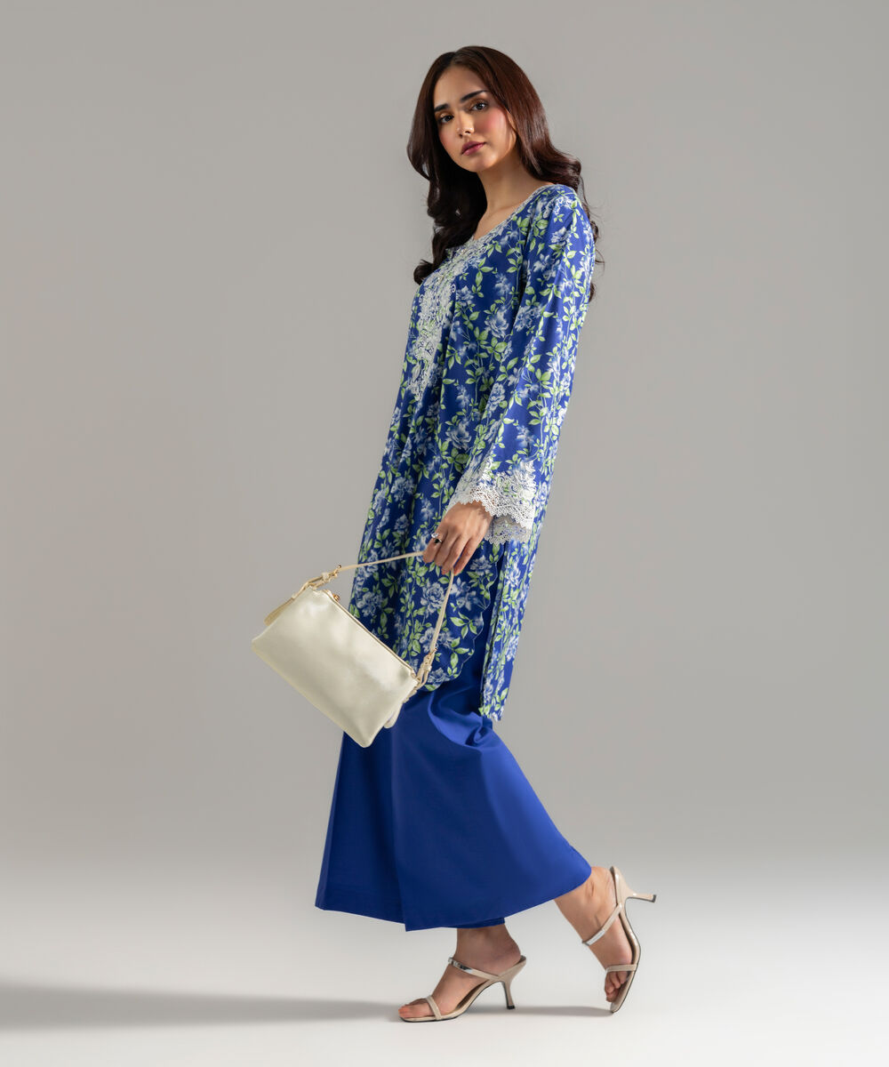 Women's RTW Cotton Viscose Printed Embroidered Blue Straight Shirt