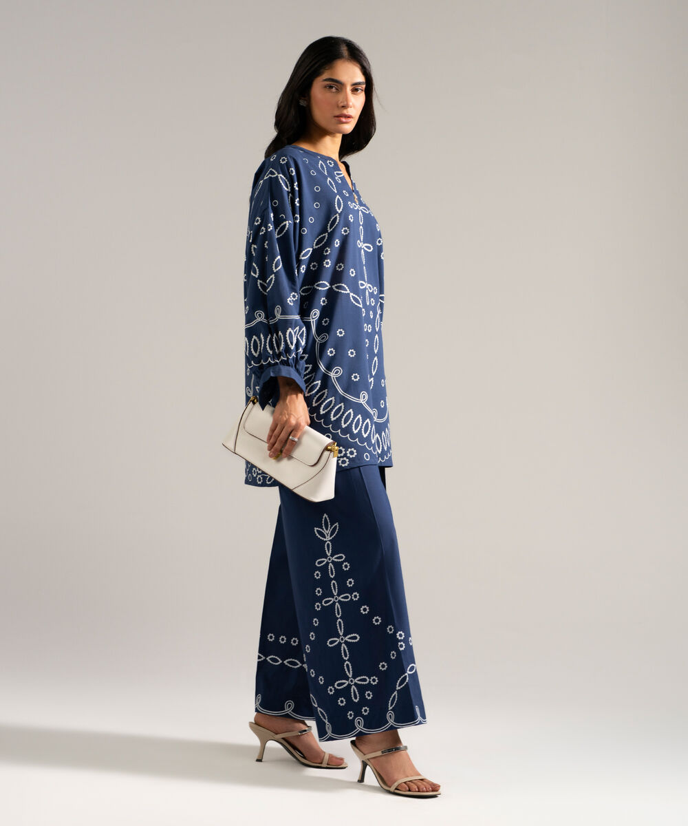 Women's RTW Slub Lawn Printed Blue 2 Piece Suit
