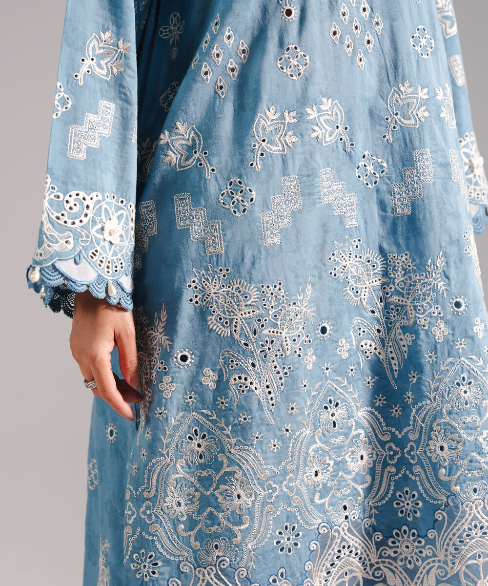 Women's RTW Self Jacquard Embroidered Blue 3 Piece Suit