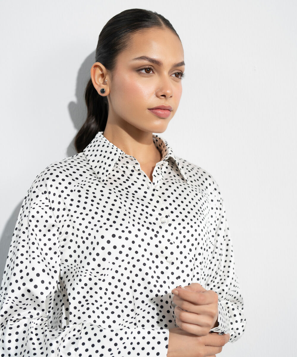 Women's Western Cream And Black Polka Dot Satin Shirt
