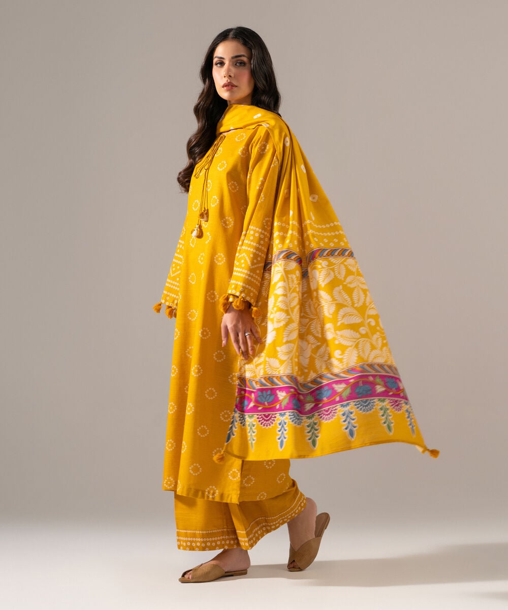 Women's RTW Khaddar Printed Yellow 3 Piece Suit