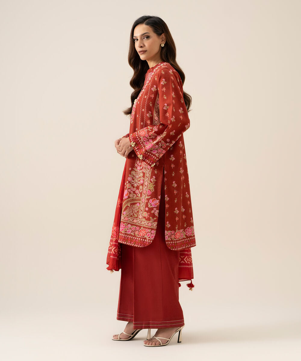 Women's Unstitched Light Khaddar Printed Red 3 Piece Suit