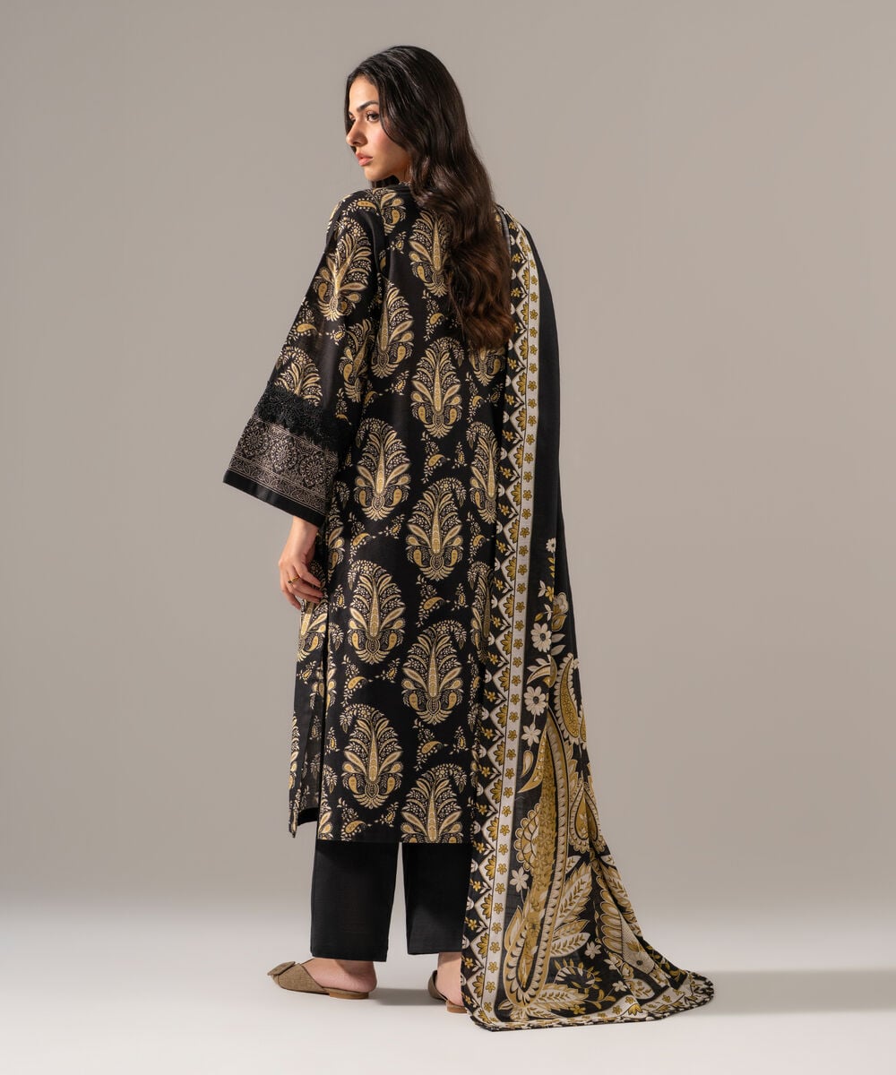 Women's RTW Khaddar Printed Black 3 Piece Suit