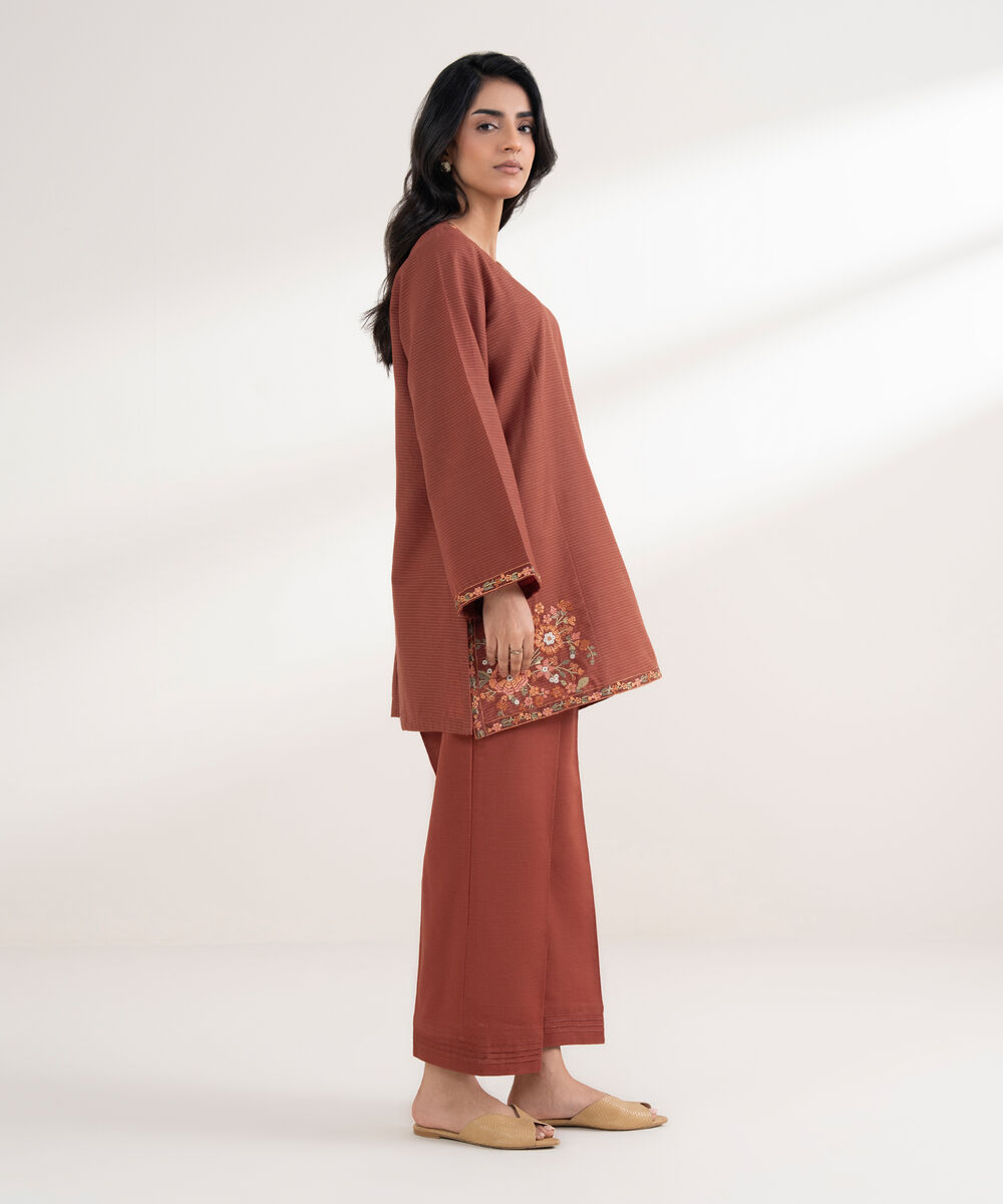 Women's RTW Light Khaddar Embroidered Rust Straight Shirt