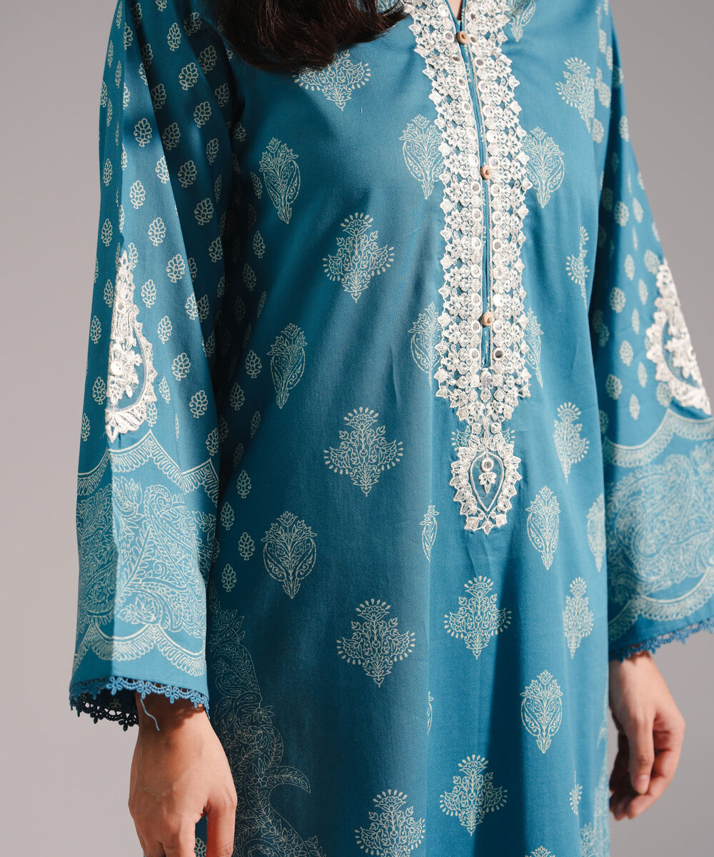 Women's RTW Textured Cotton Embroidered Blue 2 Piece Suit