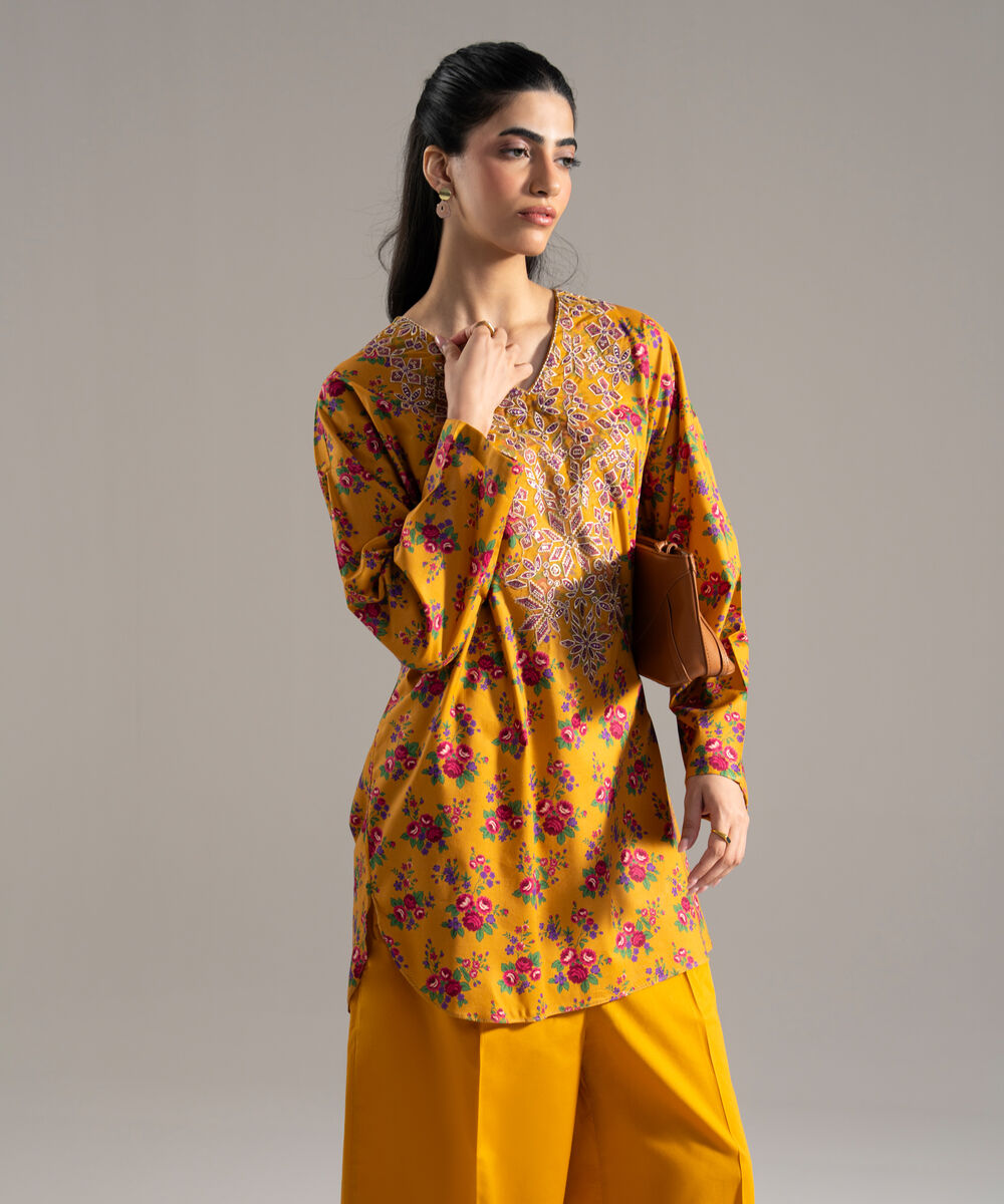 Women's RTW Cotton Viscose Printed Embroidered Mustard Yellow 2 Piece Suit