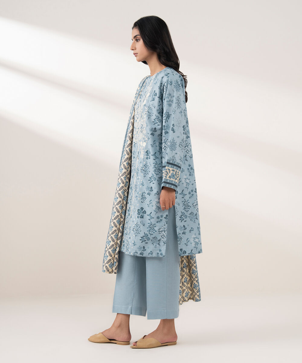 Women's RTW Khaddar Embroidered Blue 3 Piece Suit