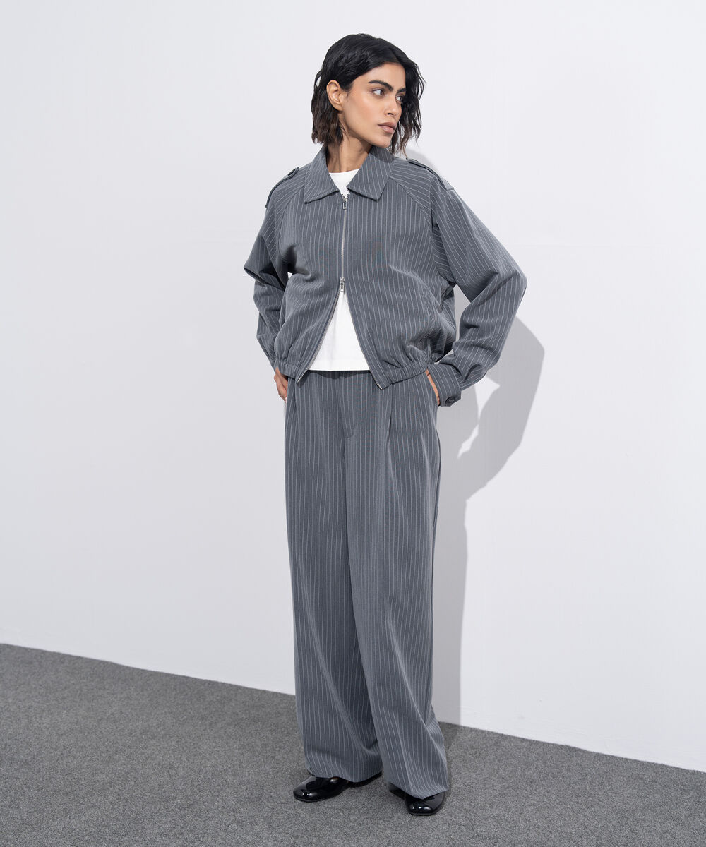 Women's Western Wear Grey Zip Up Striped Bomber Jacket