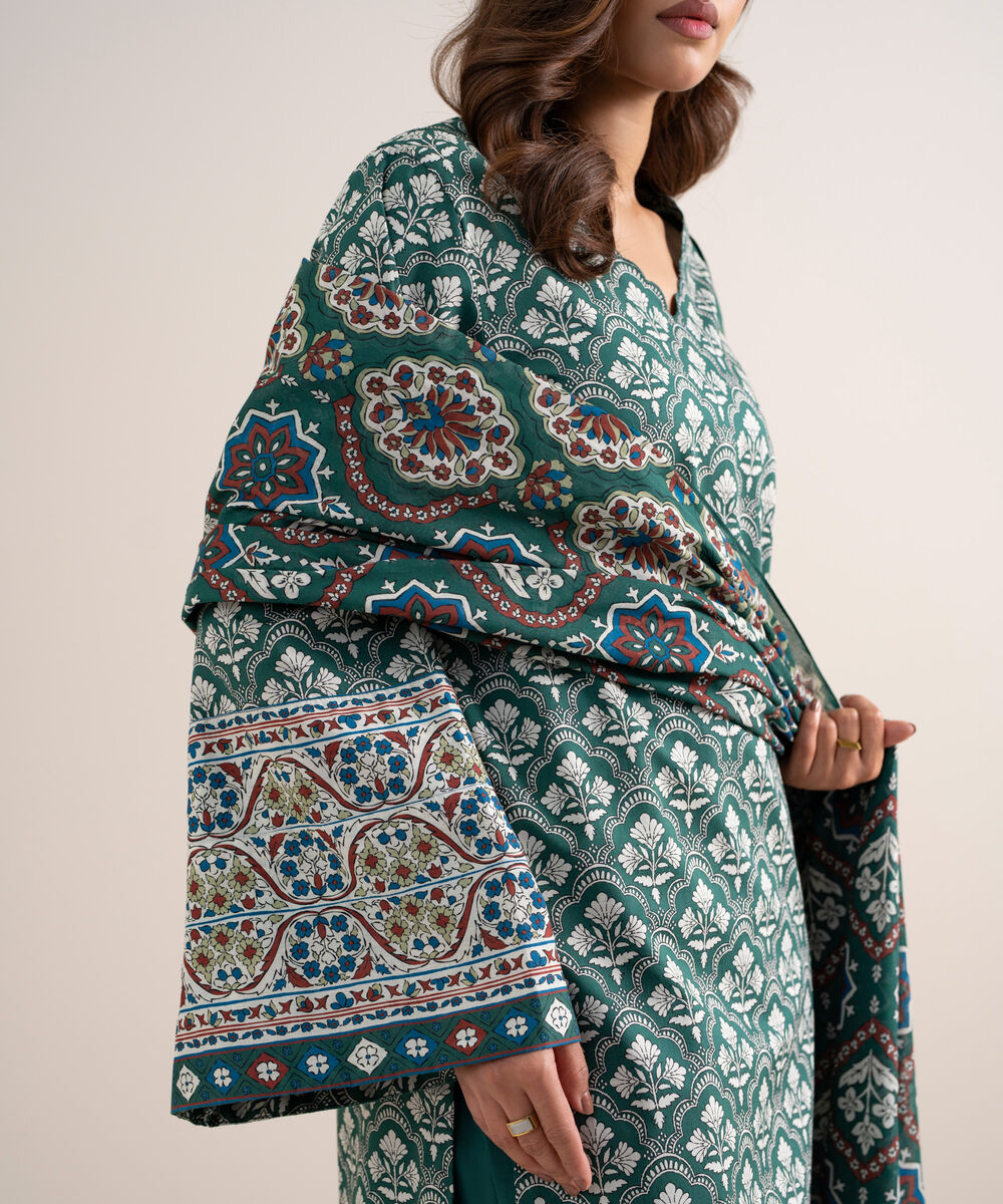 Women's Unstitched Lawn Printed Green 3 Piece Suit