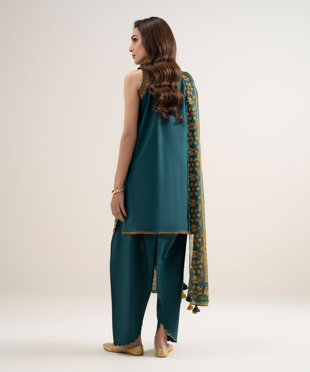 Women's Unstitched Lawn Embroidered Dark Green 3 Piece Suit