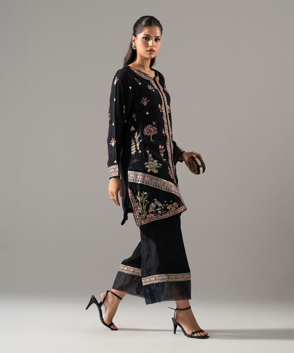 Women's RTW Thai Silk Solid Embroidered Black 2 Piece Suit