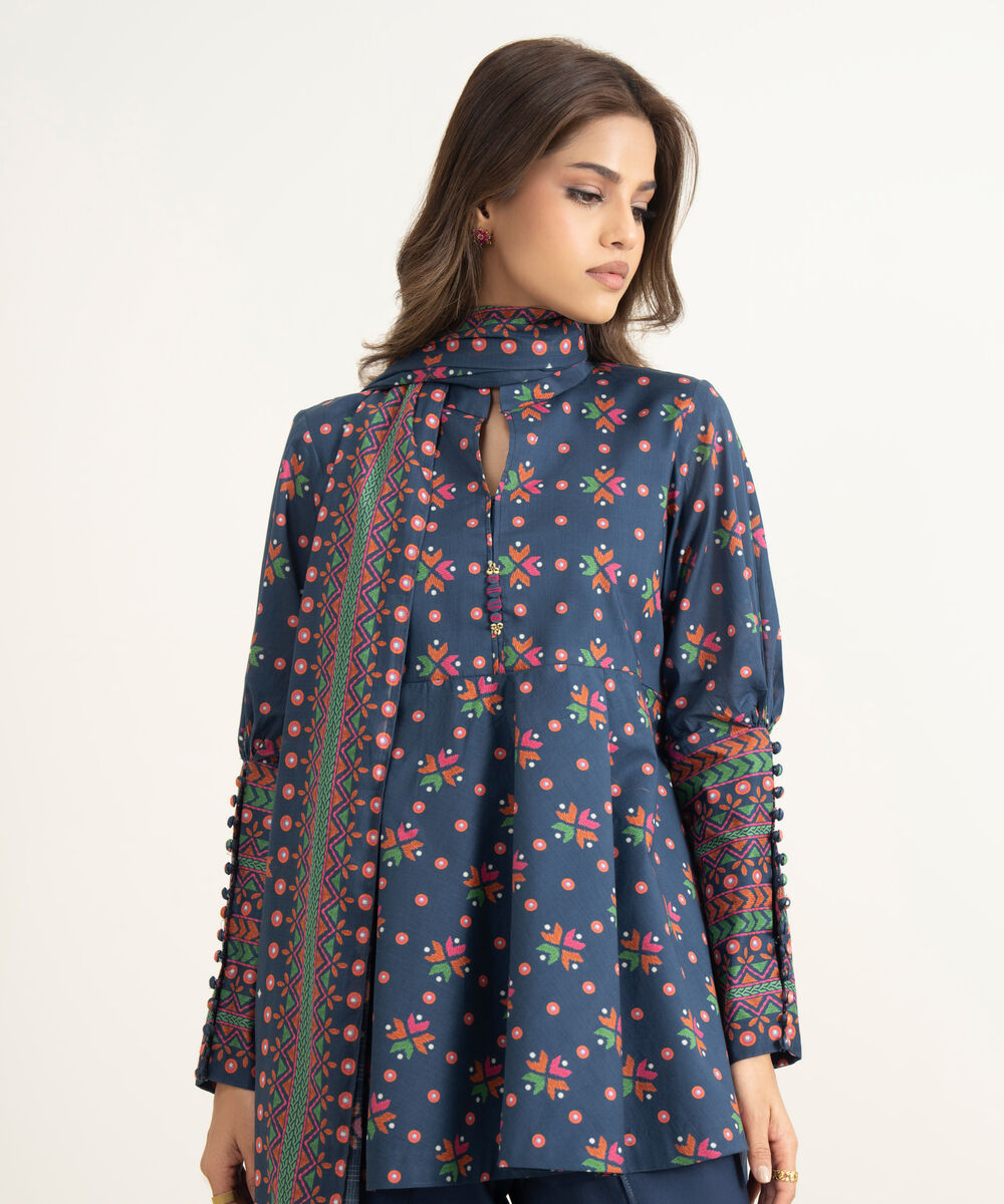 Women's Unstitched Lawn Printed Blue 3 Piece Suit