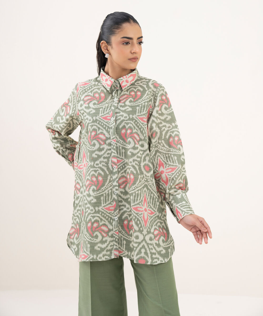 Women's RTW Khaddar Printed Button Down Grey Shirt