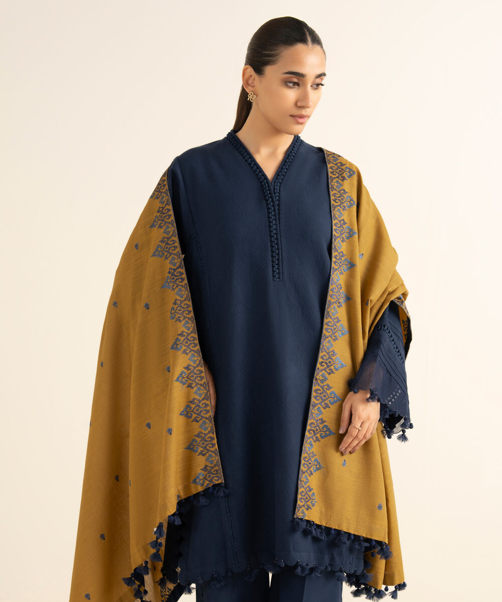 Women's Unstitched Cotton Jacquard Embroidered Blue 3 Piece Suit