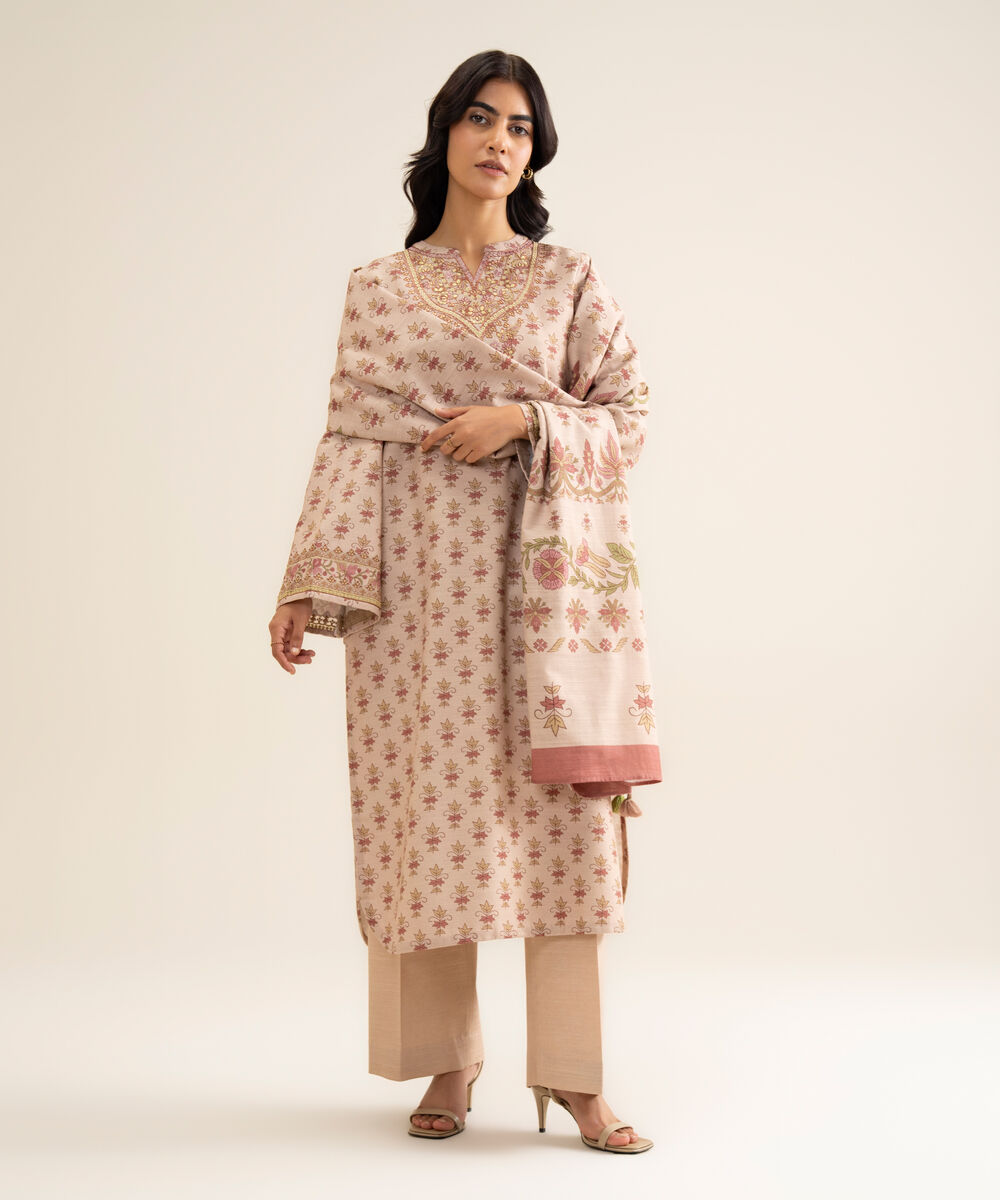 Women's Unstitched Cotton Embroidered Beige 3 Piece Suit