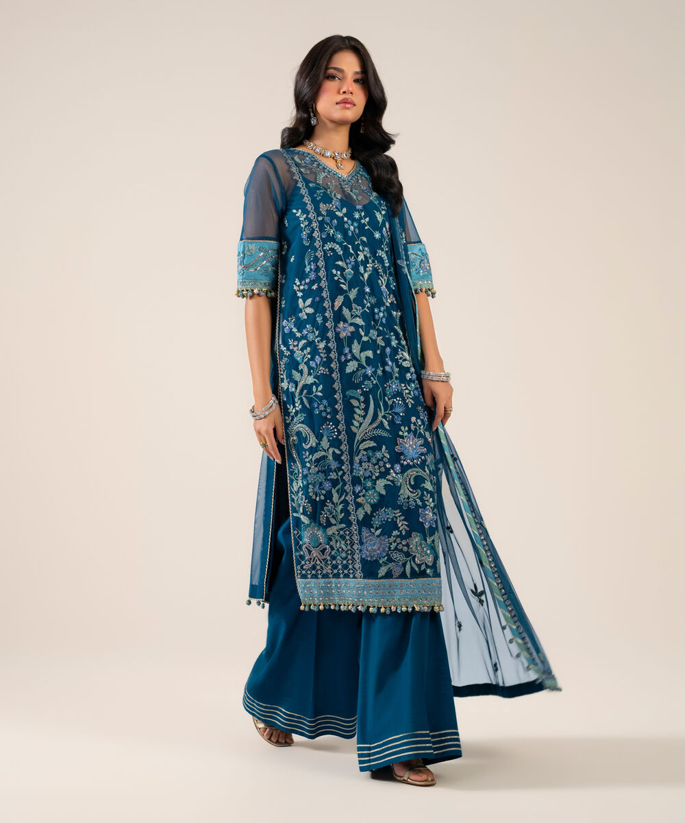 Women's Unstitched Net Embroidered Teal Green 3 Piece Suit