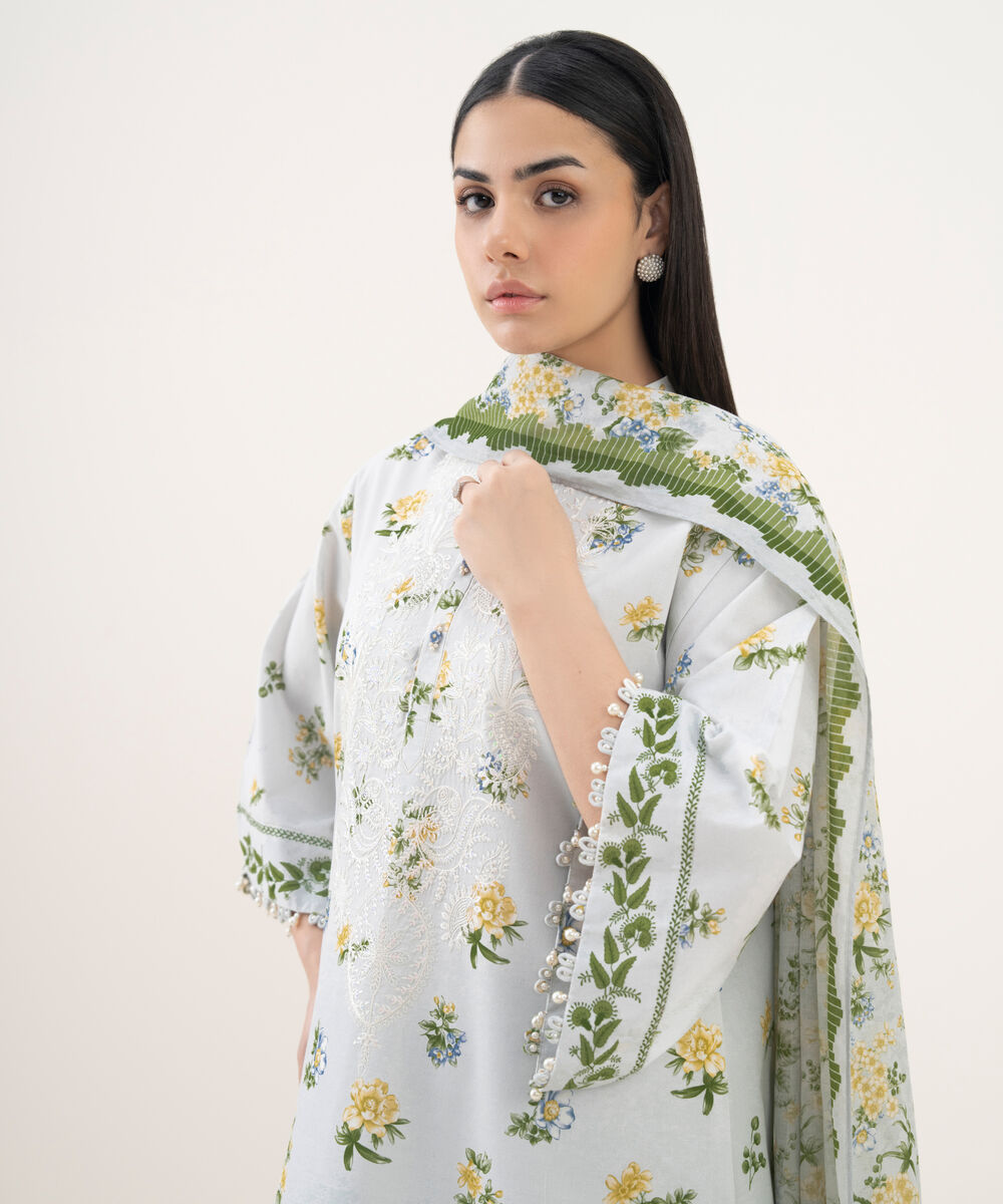 Women's Unstitched Lawn Embroidered Grey 3 Piece Suit