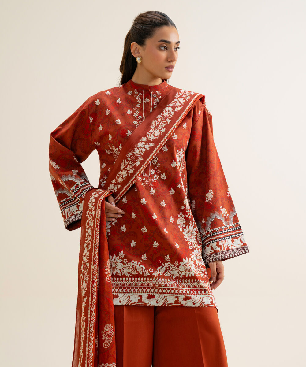 Women's Unstitched Cotton Viscose Printed Rust 3 Piece Suit
