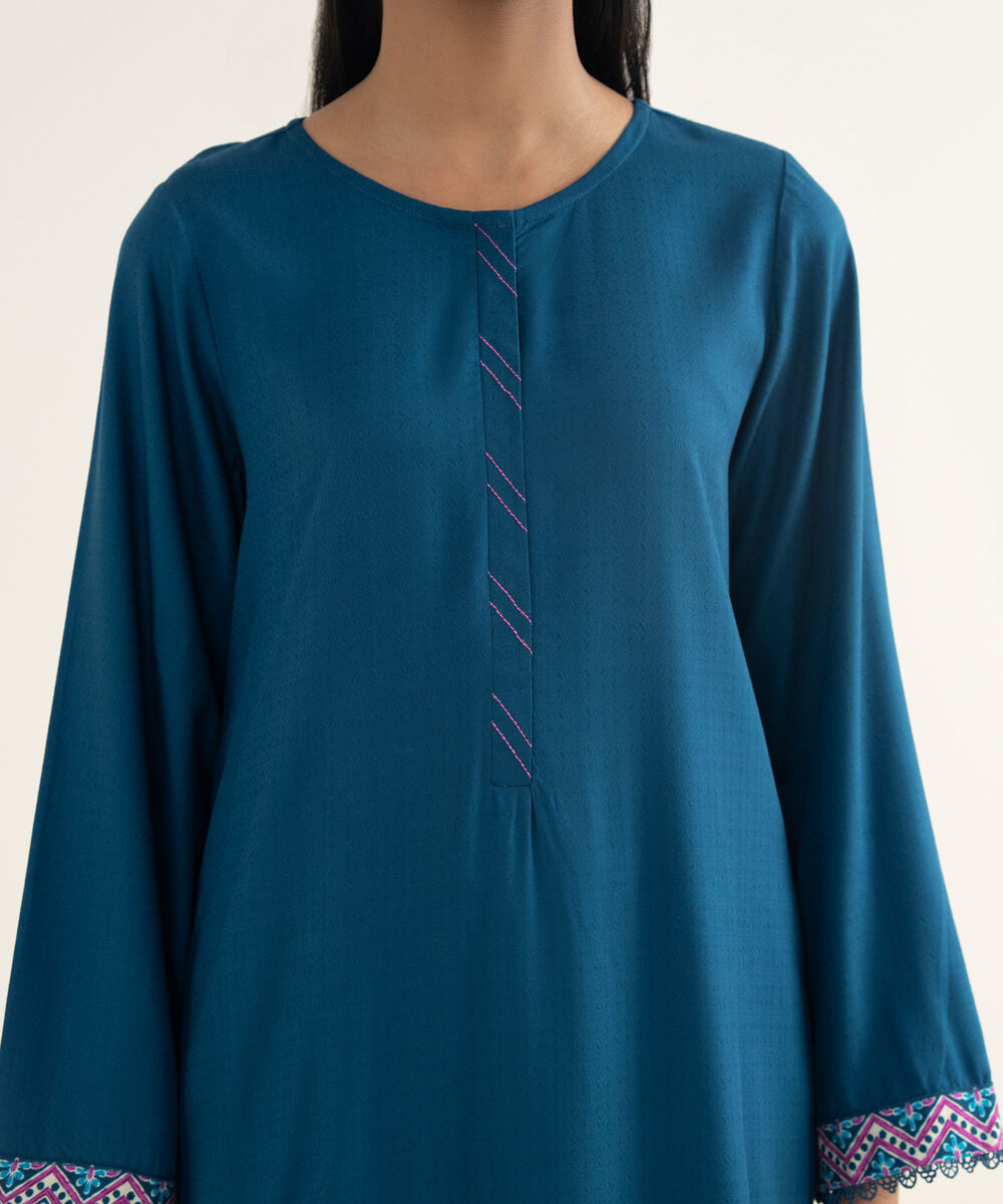 Women's RTW Textured Viscose Solid Teal A-Line Shirt