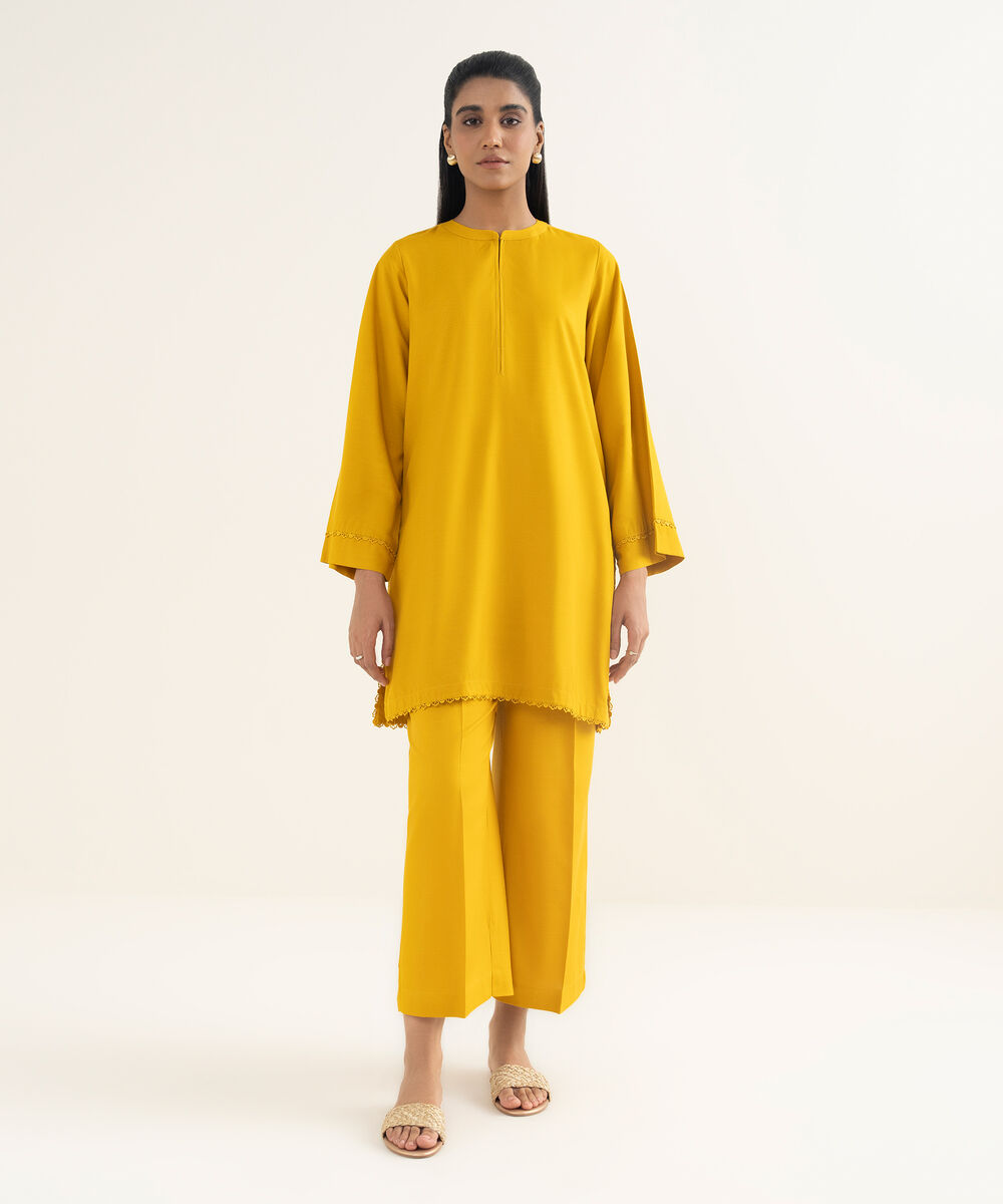 Women's RTW Khaddar Solid Yellow Straight Shirt