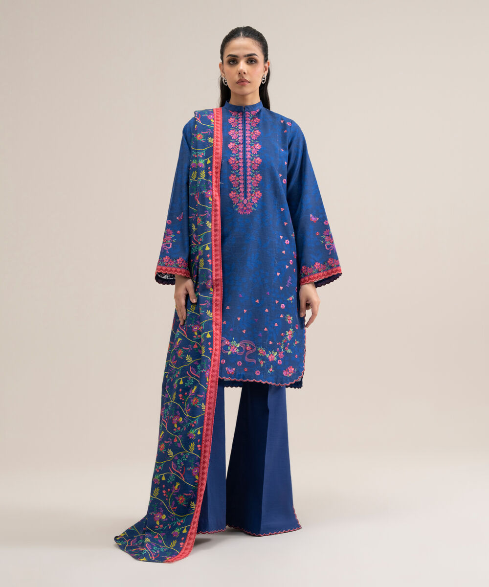 Women's Unstitched Lawn Embroidered Blue 3 Piece Suit