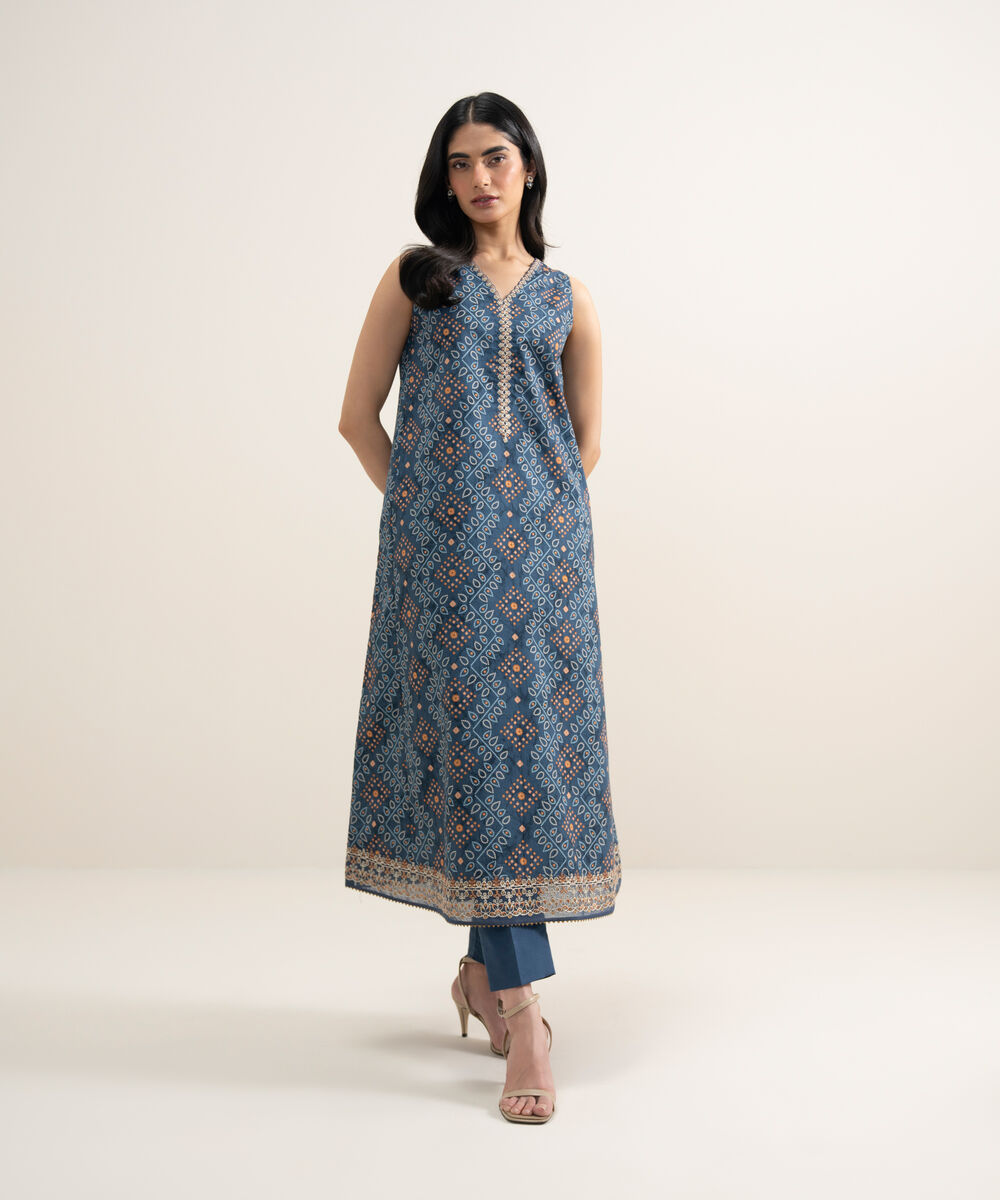 Women's Unstitched Lawn Embroidered Blue 2 Piece Suit