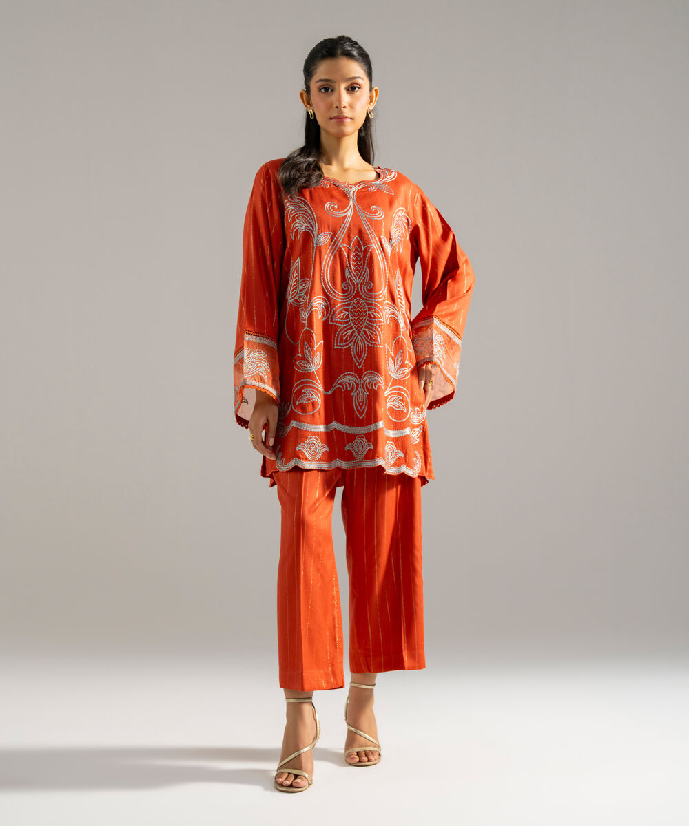 Women's RTW Dobby Crepe Lurix Solid Embroidered Rust Straight Shirt