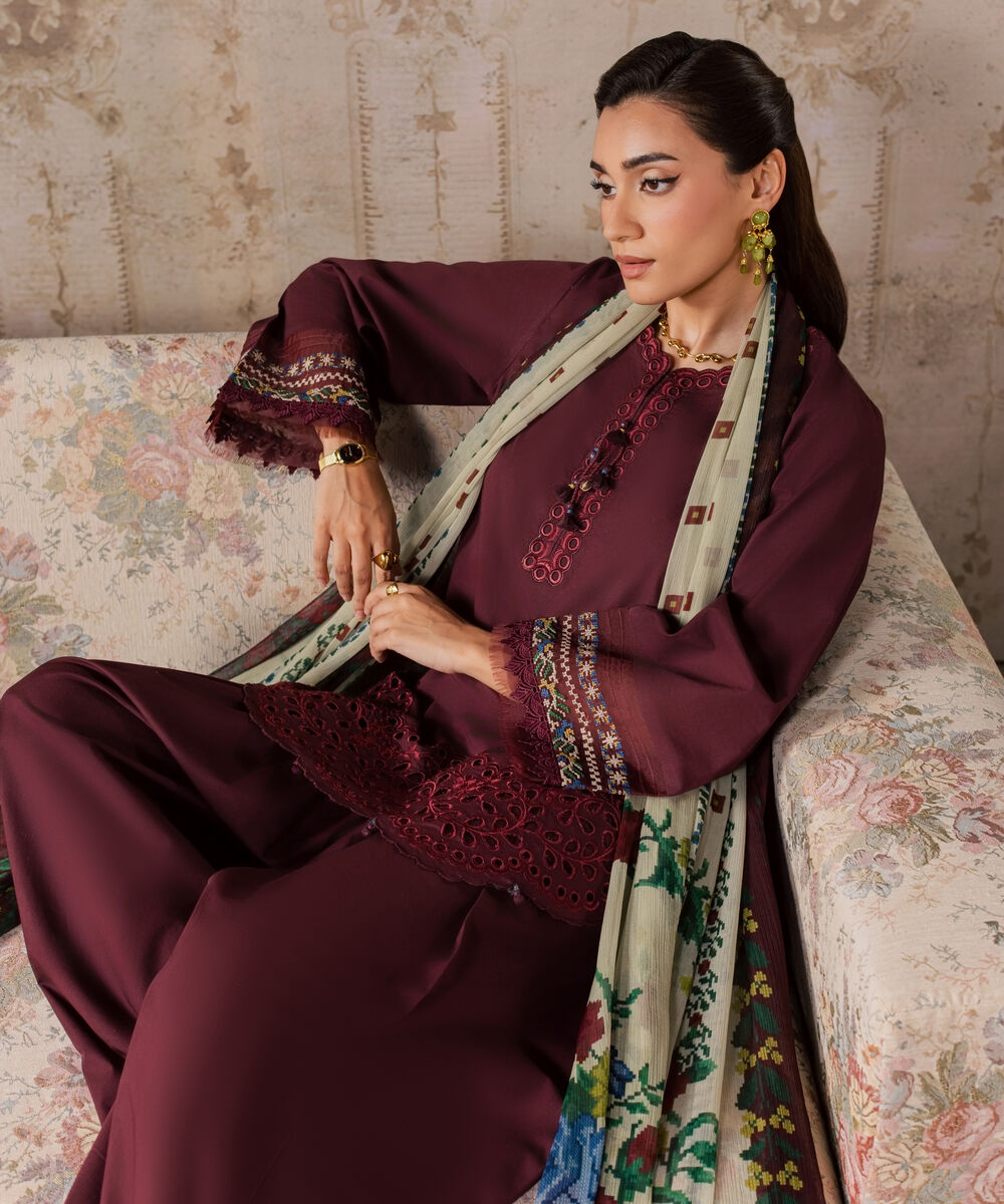 Women's Unstitched Textured Lawn Embroidered Red 3 Piece Suit