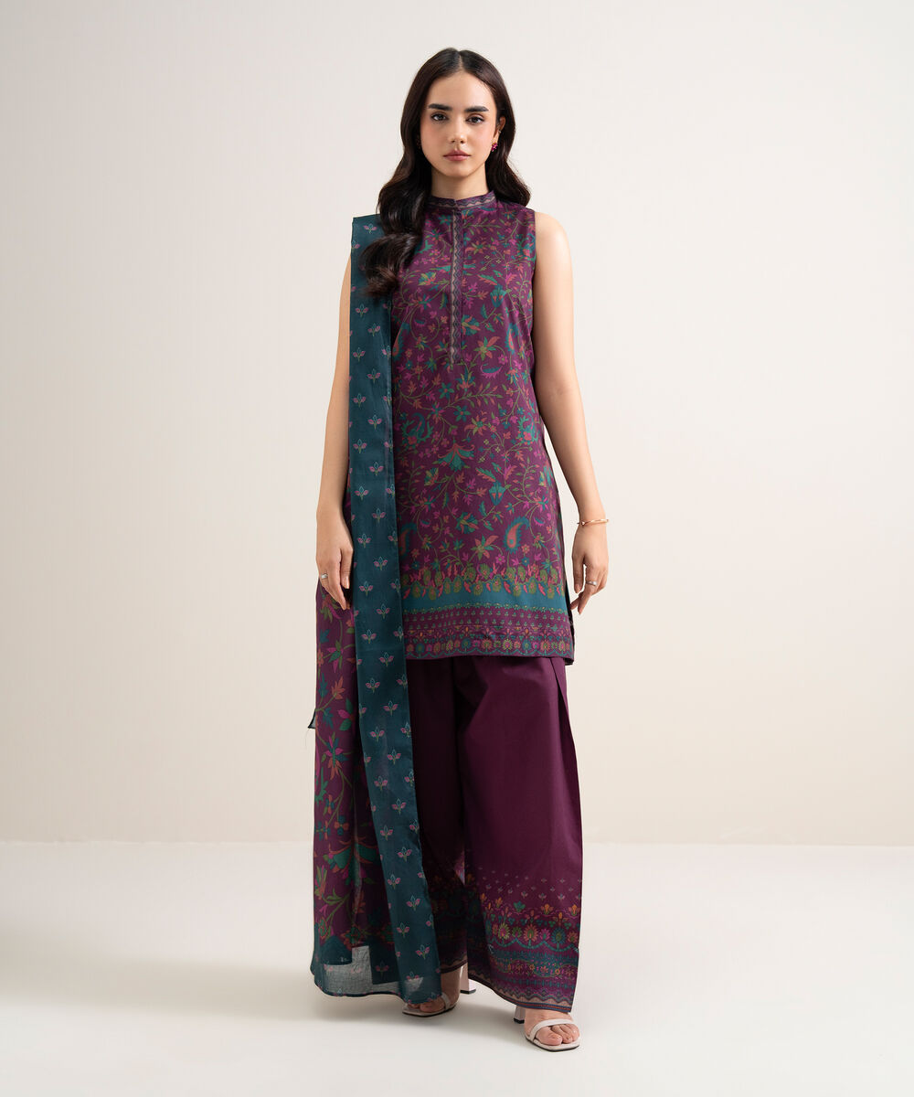 Women's Unstitched Lawn Printed Plum 3 Piece Suit