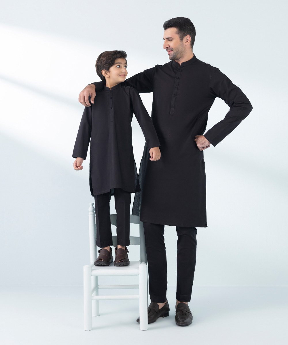 Men's & Boys Stitched Black Kurta