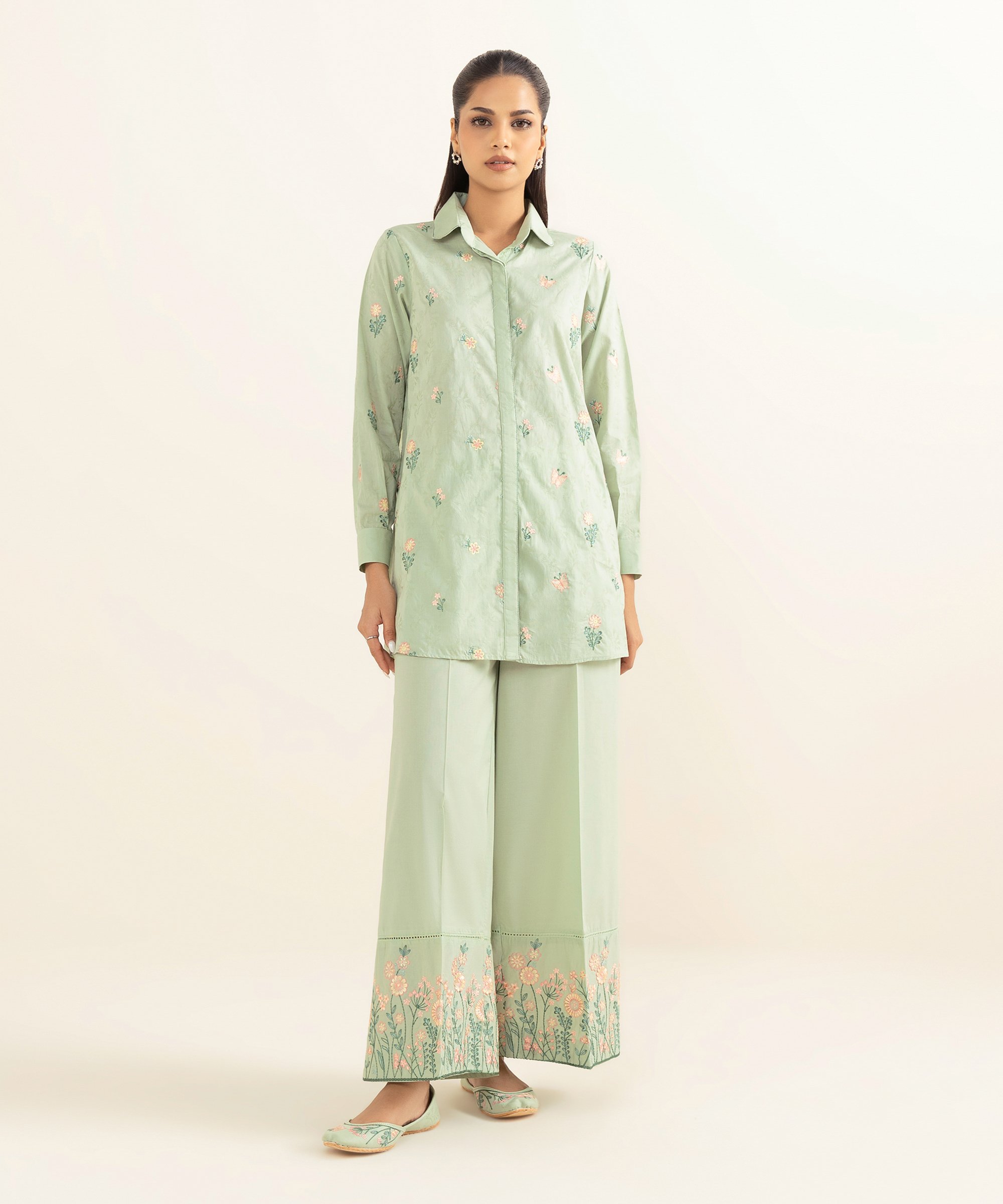 Woman’s Embroidered Green Jacquard Shirt