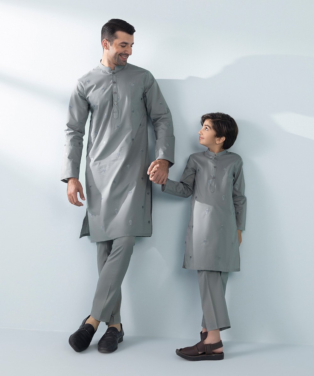 Men's & Boys Stitched Grey Kurta