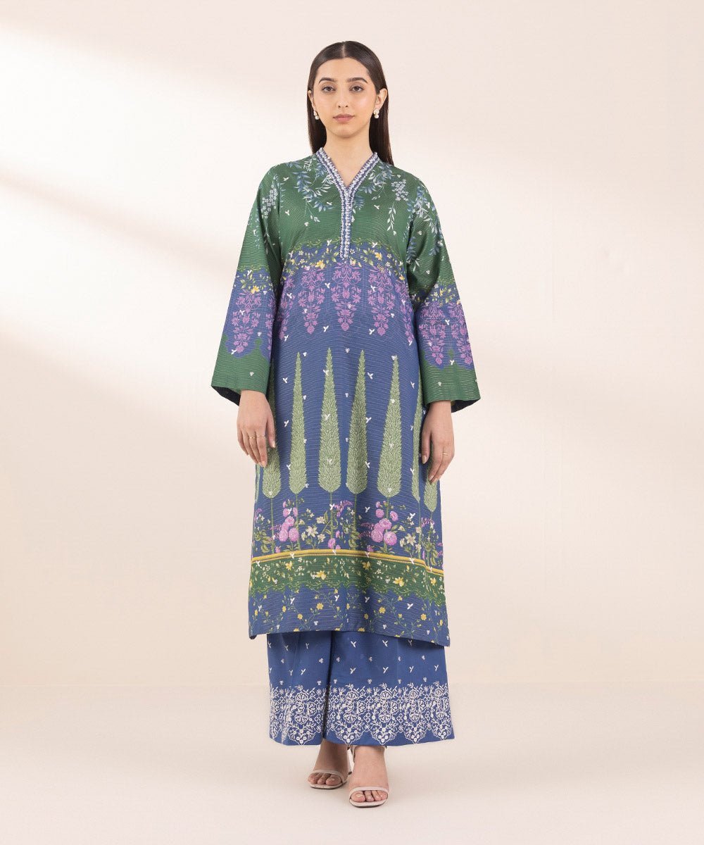  Women’s Pret Green & Blue Floral Printed Suit Design