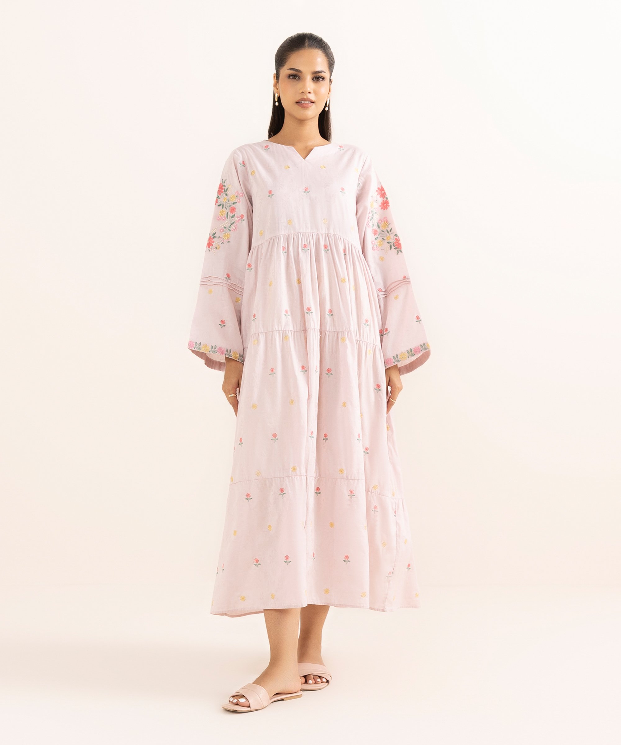 Woman’s Embroidered White Jacquard Tier Dress