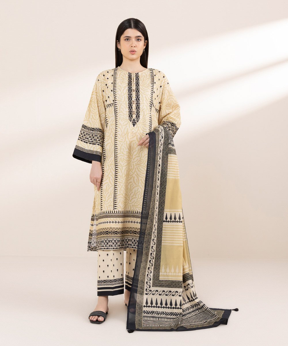Women's Stitched Beige Block Printing Design Outfit